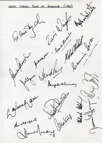 West Indies tour to England 1980. Large page very nicely and fully signed in black ink by all nineteen original members of the West Indies touring party, personally collected by the vendor. Players&rsquo; signatures are Lloyd (Captain), Greenidge, Kallicharran,