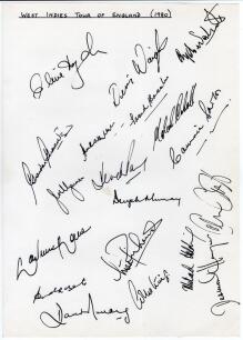 West Indies tour to England 1980. Large page very nicely and fully signed in black ink by all nineteen original members of the West Indies touring party, personally collected by the vendor. Players&rsquo; signatures are Lloyd (Captain), Greenidge, Kallicharran,