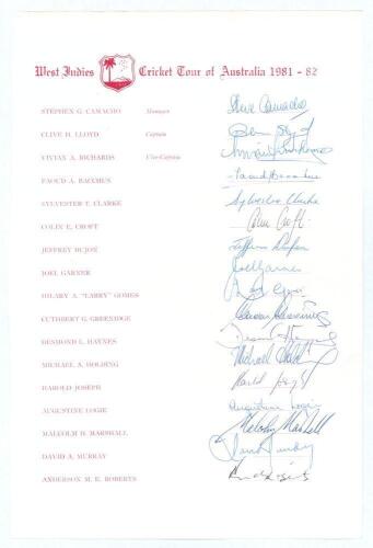 West Indies tour to Australia 1981/82. Rare official autograph sheet with printed title and player&rsquo;s names, very nicely and fully signed by the seventeen members of the West Indies touring party. Signatures are Lloyd (Cpt), Richards, Bacchus, Clarke, Crof