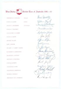 West Indies tour to Australia 1981/82. Rare official autograph sheet with printed title and player&rsquo;s names, very nicely and fully signed by the seventeen members of the West Indies touring party. Signatures are Lloyd (Cpt), Richards, Bacchus, Clarke, Crof