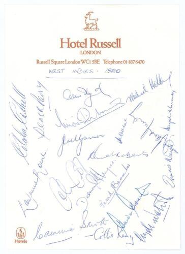 West Indies tour to England 1980. Page on Hotel Russell, London headed note paper fully signed by all nineteen members of the touring party. Players&rsquo; signatures are Lloyd (Captain), Marshall, Parry, Richards, Holding, Garner, Roberts, Kallicharran, David 