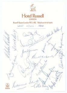 West Indies tour to England 1980. Page on Hotel Russell, London headed note paper fully signed by all nineteen members of the touring party. Players&rsquo; signatures are Lloyd (Captain), Marshall, Parry, Richards, Holding, Garner, Roberts, Kallicharran, David 