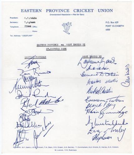 West Indies &lsquo;Rebel&rsquo; tour to South Africa 1982/83. Scarce official autograph sheet on Eastern Province Cricket Union head paper. Signed by twelve members of the Eastern Province team and twelve of the West Indies touring party for the one-day match played 