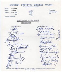 West Indies &lsquo;Rebel&rsquo; tour to South Africa 1982/83. Scarce official autograph sheet on Eastern Province Cricket Union head paper. Signed by twelve members of the Eastern Province team and twelve of the West Indies touring party for the one-day match played 