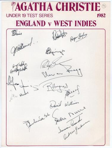 West Indies U-19 tour to England 1982. Official autograph sheet on &lsquo;Agatha Christie Under 19 Test Series. England v West Indies 1982&rsquo; headed page. Very nicely signed by eighteen members of the West Indies touring party including some who went on to repres
