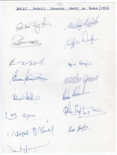 West Indies tour to India 1983/84. Plain page very nicely signed in ink by fifteen West Indian players who toured India, the signatures collected personally by the vendor. Signatures are Lloyd (Captain), Marshall, Richards, Dujon, Roberts, Logie, Greenidg