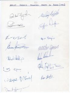 West Indies tour to India 1983/84. Plain page very nicely signed in ink by fifteen West Indian players who toured India, the signatures collected personally by the vendor. Signatures are Lloyd (Captain), Marshall, Richards, Dujon, Roberts, Logie, Greenidg