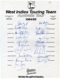 West Indies tour to Australia 1984/85. Official autograph sheet fully and nicely signed by all nineteen listed members of the touring party. Players&rsquo; signatures are Lloyd (Captain), Richards, Baptiste, Davis, Dujon, Garner, Gomes, Greenidge, Harper, Hayne