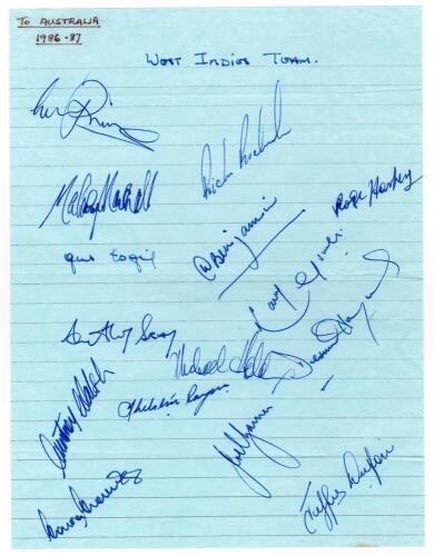 West Indies tour to Australia 1986/87. Benson & Hedges World Series Cup. Page of blue, ruled airmail paper very nicely signed by fifteen members of the touring party. Players&rsquo; signatures are Richards (Captain), Marshall, Richardson, Logie, Benjamin, Harpe
