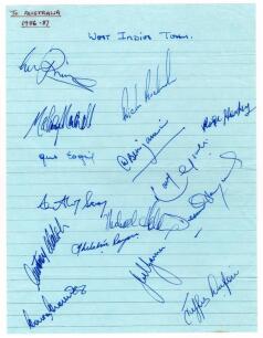 West Indies tour to Australia 1986/87. Benson & Hedges World Series Cup. Page of blue, ruled airmail paper very nicely signed by fifteen members of the touring party. Players&rsquo; signatures are Richards (Captain), Marshall, Richardson, Logie, Benjamin, Harpe