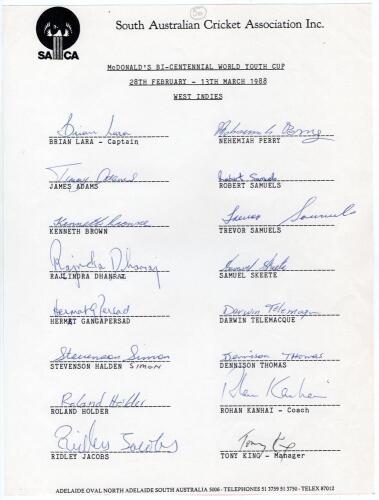 West Indies Young Cricketers tour to Australia 1987/88. Bicentennial World Youth Cup. Official autograph sheet on South Australian Cricket Association letterhead, nicely and fully signed by all sixteen listed members of the touring party. Features the sig