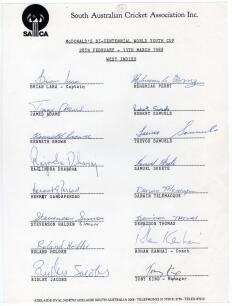 West Indies Young Cricketers tour to Australia 1987/88. Bicentennial World Youth Cup. Official autograph sheet on South Australian Cricket Association letterhead, nicely and fully signed by all sixteen listed members of the touring party. Features the sig