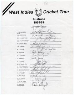 West Indies tour to Australia 1988/89. Official autograph sheet with printed title and players&rsquo; names, nicely and fully signed by all nineteen listed members of the touring party. Players&rsquo; signatures are Richards (Captain), Greenidge, Ambrose, Arthurton, 
