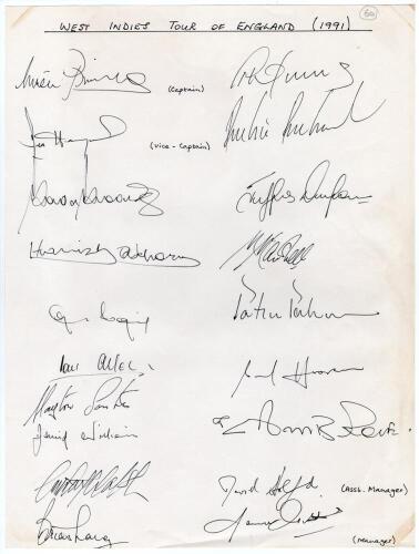 West Indies tour to England 1991. Large plain page very nicely signed in ink by nineteen members of the touring party. Players&rsquo; signatures are Richards (Captain), Haynes, Greenidge, Anthony, Logie, Allen, Lambert, Williams, Walsh, Lara, Bishop, Richardson