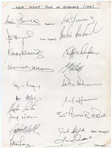 West Indies tour to England 1991. Large plain page very nicely signed in ink by nineteen members of the touring party. Players&rsquo; signatures are Richards (Captain), Haynes, Greenidge, Anthony, Logie, Allen, Lambert, Williams, Walsh, Lara, Bishop, Richardson