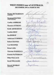 West Indies tour to Australia 1991/92. Official autograph sheet with printed title and players&rsquo; names, very nicely signed in ink by all sixteen listed members of the touring party. Players&rsquo; signatures are Richardson (Captain), Haynes, Ambrose, Anthony, Ar