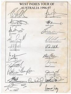 West Indies tour to Australia 1996/97. Official autograph sheet with printed title and players&rsquo; names, very nicely signed in ink by all twenty one listed members of the touring party. Players&rsquo; signatures are Walsh (Captain), Lara, Ambrose, Adams, Bishop, 