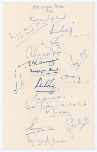 Pakistan inaugural tour to England 1954. Page nicely signed in ink by seventeen members of the Pakistan touring party. Signatures include A.H. Kardar (Captain), Shakoor Ahmed, Imtiaz Ahmed, Mohammad Aslam, Alim-ud-Din, M.E.Z. Ghazali, Zulfiqar Ahmed, Khal