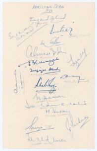 Pakistan inaugural tour to England 1954. Page nicely signed in ink by seventeen members of the Pakistan touring party. Signatures include A.H. Kardar (Captain), Shakoor Ahmed, Imtiaz Ahmed, Mohammad Aslam, Alim-ud-Din, M.E.Z. Ghazali, Zulfiqar Ahmed, Khal