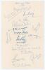 Pakistan inaugural tour to England 1954. Page nicely signed in ink by seventeen members of the Pakistan touring party. Signatures include A.H. Kardar (Captain), Shakoor Ahmed, Imtiaz Ahmed, Mohammad Aslam, Alim-ud-Din, M.E.Z. Ghazali, Zulfiqar Ahmed, Khal