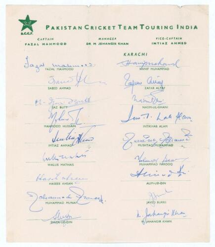 Pakistan tour to India 1961. Rare official autograph sheet with printed title and players&rsquo; names, fully signed in ink by all eighteen listed members of the touring party. Signatures are Fazal Mahmood, Hanif Mohammad, Saeed Ahmad, Zafar Altaf, Ijaz Butt, N