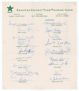 Pakistan tour to India 1961. Rare official autograph sheet with printed title and players&rsquo; names, fully signed in ink by all eighteen listed members of the touring party. Signatures are Fazal Mahmood, Hanif Mohammad, Saeed Ahmad, Zafar Altaf, Ijaz Butt, N
