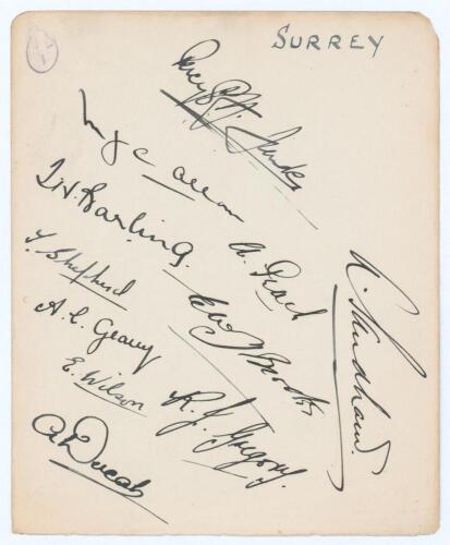 Surrey C.C.C. c.1928/1929. Large album page very nicely signed in black ink by eleven members of the Surrey team. Signatures are Fender (Captain), Sandham, Peach, Allom, Barling, Brooks, Shepherd, Geary, Gregory, Wilson and Ducat. Very good condition.