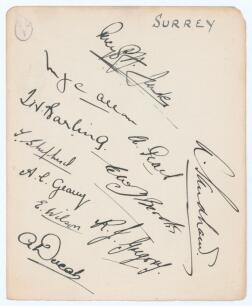 Surrey C.C.C. c.1928/1929. Large album page very nicely signed in black ink by eleven members of the Surrey team. Signatures are Fender (Captain), Sandham, Peach, Allom, Barling, Brooks, Shepherd, Geary, Gregory, Wilson and Ducat. Very good condition.