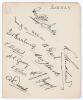 Surrey C.C.C. c.1928/1929. Large album page very nicely signed in black ink by eleven members of the Surrey team. Signatures are Fender (Captain), Sandham, Peach, Allom, Barling, Brooks, Shepherd, Geary, Gregory, Wilson and Ducat. Very good condition.