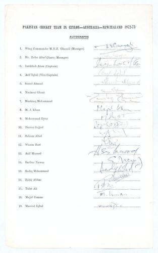 Pakistan tour to Ceylon, Australia & New Zealand 1972/73. Large rare official autograph sheet with printed title and players&rsquo; names, fully signed by all nineteen listed members of the touring party. Signatures are Intikhab Alam (Captain), Asif Iqbal, Wasi