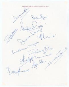 Pakistan tour to Ceylon 1976. Plain page with typed title to top border, nicely signed in ink by twelve members of the touring party. Signatures include Intikhab Alam (Cpt), Wasim Raja, Nazar, Imran Khan, Zaheer, Wasim Bari etc. Good condition.