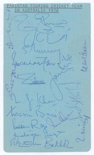 Pakistan tour of Australia 1976/77. Small album page signed in ink by seventeen members of the touring party including Asif Iqbal, Majid Khan, Mustaq Mohammad, Imran Khan, Sarfraz Nawaz, Javed Miandad, Sadiq Mohammad, Wasim Bari, Zaheer Abbas, Mudassar Na