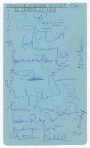 Pakistan tour of Australia 1976/77. Small album page signed in ink by seventeen members of the touring party including Asif Iqbal, Majid Khan, Mustaq Mohammad, Imran Khan, Sarfraz Nawaz, Javed Miandad, Sadiq Mohammad, Wasim Bari, Zaheer Abbas, Mudassar Na