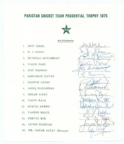 Pakistan 1975. Official autograph sheet for the Pakistan tour of England for the Prudential Trophy (World Cup) in 1975. signed in ink by fifteen members of the touring party including Asif Iqbal, Majid Khan, Mustaq Mohammad, Imran Khan, Sarfraz Nawaz, Jav