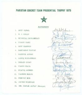 Pakistan 1975. Official autograph sheet for the Pakistan tour of England for the Prudential Trophy (World Cup) in 1975. signed in ink by fifteen members of the touring party including Asif Iqbal, Majid Khan, Mustaq Mohammad, Imran Khan, Sarfraz Nawaz, Jav