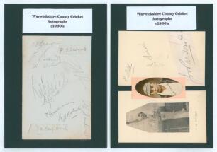 Warwickshire 1930&rsquo;s. Two album pages featuring the signatures of Warwickshire players, each page laid down to black card with typed heading to top and players names on sheet to back of card. Signatures are A. Brown, E. Brown, Collin, Croom, Hollies, Kemp-