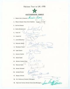 Pakistan tour to England 1978. Official autograph sheet fully signed in different coloured inks by all nineteen listed members of the touring party with the exception of Sarfraz Nawaz. Signatures are Wasim Bari (Captain), Wasim Raja, Sadiq Mohammad, Talat