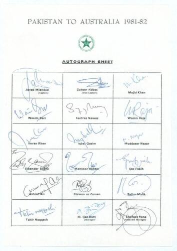 Pakistan tour to Australia 1981/82. Rarer official autograph sheet with printed title and players&rsquo; names, fully signed in ink by all eighteen members of the touring party including the management. Signatures are Javed Miandad (Captain), Zaheer Abbas, Maji