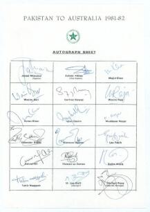 Pakistan tour to Australia 1981/82. Rarer official autograph sheet with printed title and players&rsquo; names, fully signed in ink by all eighteen members of the touring party including the management. Signatures are Javed Miandad (Captain), Zaheer Abbas, Maji