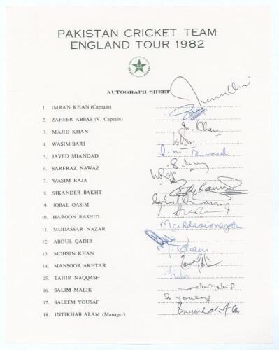 Pakistan tour to England 1982. Official autograph sheet with printed title and players&rsquo; names, fully signed in ink by all eighteen of the listed members of the touring party. Signatures are Imran Khan (Captain), Zaheer Abbas, Majid Khan, Wasim Bari, Javed