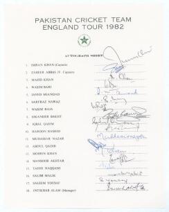 Pakistan tour to England 1982. Official autograph sheet with printed title and players&rsquo; names, fully signed in ink by all eighteen of the listed members of the touring party. Signatures are Imran Khan (Captain), Zaheer Abbas, Majid Khan, Wasim Bari, Javed