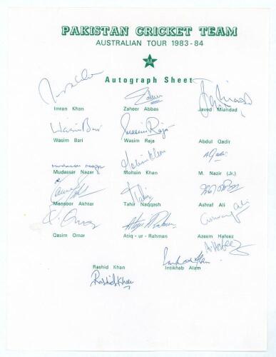 Pakistan tour to Australia 1983/84. Rarer official autograph sheet with printed title and players&rsquo; names, fully signed in ink by seventeen members of the touring party.