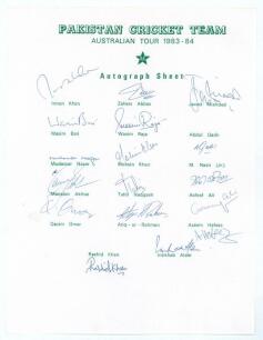 Pakistan tour to Australia 1983/84. Rarer official autograph sheet with printed title and players&rsquo; names, fully signed in ink by seventeen members of the touring party.