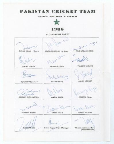Pakistan tour to Sri Lanka 1986. Official autograph sheet with printed title and players&rsquo; names, fully signed in ink by all eighteen listed members of the touring party. Signatures include Imran Khan (Captain), Javed Miandad, Mudassar Nazar, Abdul Qadir, 