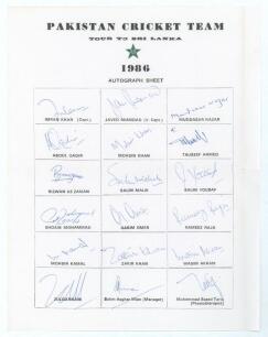 Pakistan tour to Sri Lanka 1986. Official autograph sheet with printed title and players&rsquo; names, fully signed in ink by all eighteen listed members of the touring party. Signatures include Imran Khan (Captain), Javed Miandad, Mudassar Nazar, Abdul Qadir, 