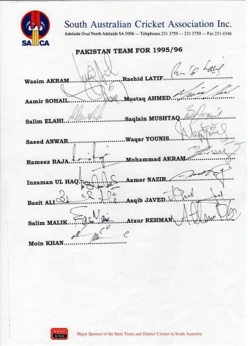 Pakistan tour to Australia and New Zealand 1995/96. Official South Australian Cricket Association autograph sheet with printed players&rsquo; names, signed by sixteen members of the Pakistan touring party. Signatures include Wasim Akram, Aamir Sohail, Salim Ela