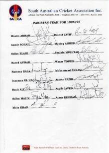 Pakistan tour to Australia and New Zealand 1995/96. Official South Australian Cricket Association autograph sheet with printed players&rsquo; names, signed by sixteen members of the Pakistan touring party. Signatures include Wasim Akram, Aamir Sohail, Salim Ela