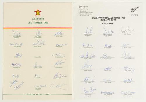 Zimbabwe ICC Trophy 1986. Official autograph sheet signed by eighteen members of the Zimbabwe touring party for the ICC Trophy held in England 1986. Signatures include Houghton (Captain), Traicos, Brain, Brandes, Butchart, Pycroft, Paterson, Rawson, Ali S