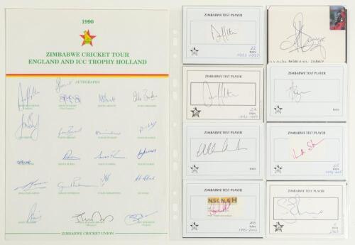 Zimbabwe tours to England 1990 & 2000. Two official autograph sheets, both fully signed, one by twenty for the 1990 tour, the other by twenty one for the 2000 tour. Sold with eleven individual signatures, the majority on &lsquo;Zimbabwe Test Player&rsquo; white cards