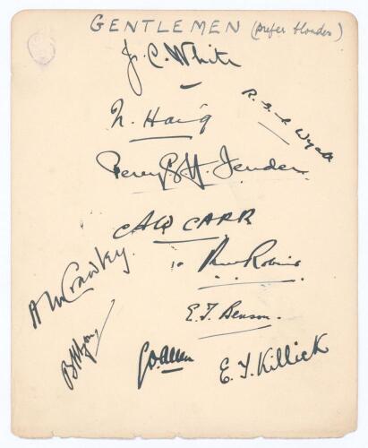 Gentlemen 1929. Large album page very nicely signed in ink by eleven members of the Gentlemen team corresponding with the match v Players, Lord&rsquo;s 17th- 19th July 1929. The page amusingly titled &lsquo;Gentlemen (prefer blondes)&rsquo;. Signatures are White (Captain),